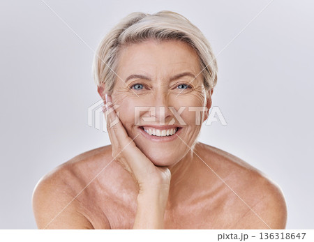 Face, beauty with happy woman and senior, skincare and wellness isolated on white background. Studio, smile and natural cosmetics, female model in portrait with skin glow and antiaging dermatology Face, beauty with happy woman and senior, skincare and wellness isolated on white background. Studio, smile and natural cosmetics, female model in portrait with skin glow and antiaging dermatology 136318647
