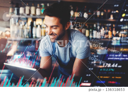 Tablet, restaurant and man in data overlay, e commerce software, finance management and schedule planner. Bartender, cashier or small business owner on digital technology, service and financial stats 136318653