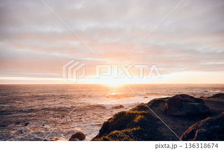 Background, sunset and sea horizon in environment for peace, nature and tropical island for travel, vacation and mockup space. Empty ocean, clouds and water at beach, sky landscape or evening outdoor 136318674
