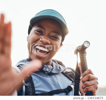 Hiking, fitness and selfie portrait of black woman for exercise, cardio workout and adventure in nature. Sports, happy and female person trekking in forest for healthy body, wellness and freedom 136318675