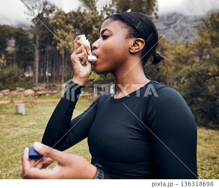 Black woman, breathe or asthma pump outdoor in park for help with health risk, cough treatment and air for exercise. Female runner, spray and medicine inhaler in nature for lungs, oxygen and wellness 136318698