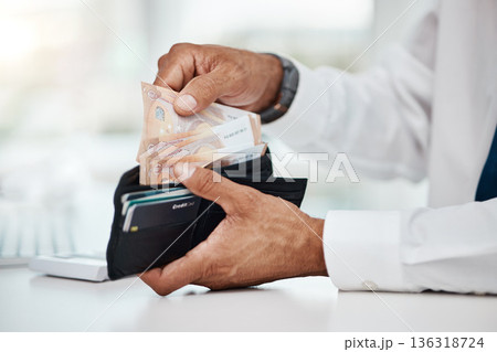 Business man, hands and wallet of euros for finance, trading economy and banking budget. Closeup, rich trader and financial profit of money, income or bonus bills, cash savings or accounting payment Business man, hands and wallet of euros for finance, trading economy and banking budget. Closeup, rich trader and financial profit of money, income or bonus bills, cash savings or accounting payment 136318724