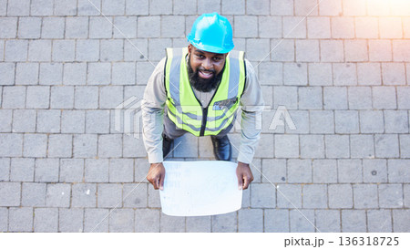 Black man, portrait and architect with blueprint above for construction, planning or project ideas on site. Top view of male person, engineer or contractor with floor plan documents for architecture 136318725