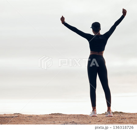Celebration, fitness and back of woman in nature with achievement, success and workout goals. Sports, mockup space and happy female person with hands in air for exercise, training and running target Celebration, fitness and back of woman in nature with achievement, success and workout goals. Sports, mockup space and happy female person with hands in air for exercise, training and running target 136318726