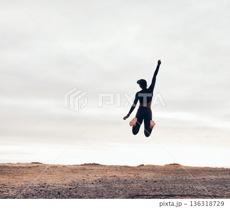 Wellness, fitness goals and woman jump in nature for achievement, success and celebrate workout Sports, mockup space and happy female person with hands in air for exercise, training or running target Wellness, fitness goals and woman jump in nature for achievement, success and celebrate workout Sports, mockup space and happy female person with hands in air for exercise, training or running target 136318729