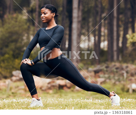Stretching, workout and black woman do lunge in nature for exercise, training and sports in forest. Mockup, mountain and happy female person stretch legs for warm up, fitness and wellness for running 136318861