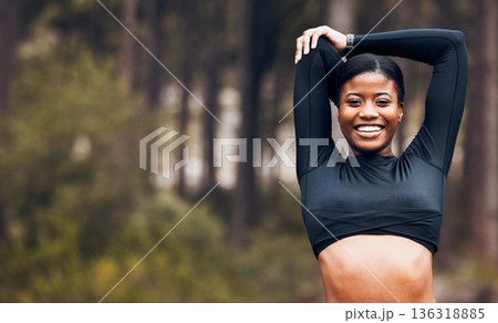 Stretching, fitness and portrait of black woman in nature for exercise, training and sports in forest. Mockup, mountain and happy female person stretch arms for warm up, cardio workout and wellness 136318885
