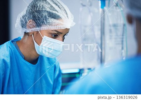 Theatre, team and surgeon woman or doctors of medical support, hospital or healthcare solution in face mask. Focus, thinking and nurses in surgery, operating room and emergency or life insurance help Theatre, team and surgeon woman or doctors of medical support, hospital or healthcare solution in face mask. Focus, thinking and nurses in surgery, operating room and emergency or life insurance help 136319026