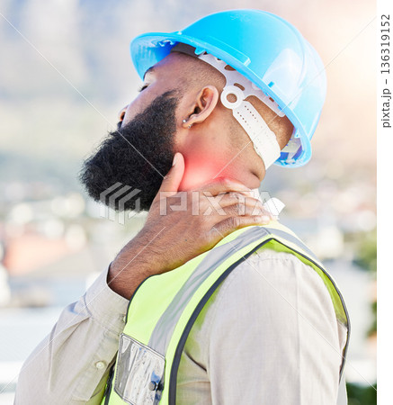 Black man, architect and neck pain in city from injury, accident or muscle tension on rooftop. Frustrated African male person with sore bone, ache or joint inflammation during construction on site Black man, architect and neck pain in city from injury, accident or muscle tension on rooftop. Frustrated African male person with sore bone, ache or joint inflammation during construction on site 136319152