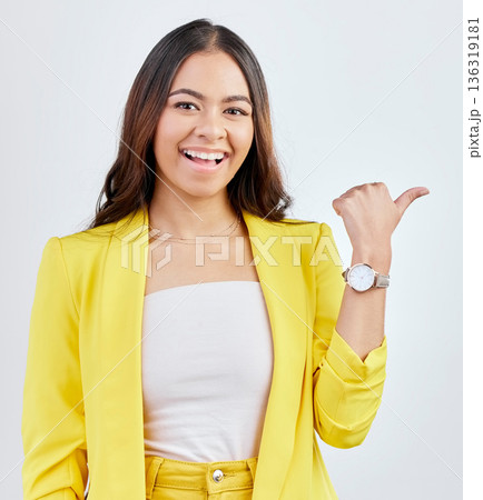 Studio pointing, business portrait and happy woman with advertising, promotion notification or corporate brand announcement. Commercial, direction gesture or sales person smile on white background Studio pointing, business portrait and happy woman with advertising, promotion notification or corporate brand announcement. Commercial, direction gesture or sales person smile on white background 136319181
