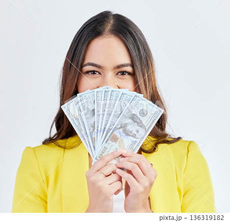 Money, hidden portrait and professional woman with cash dollar prize, finance competition win or giveaway. Studio winner, pay and corporate person face with 401k, wealth or rich on white background 136319182