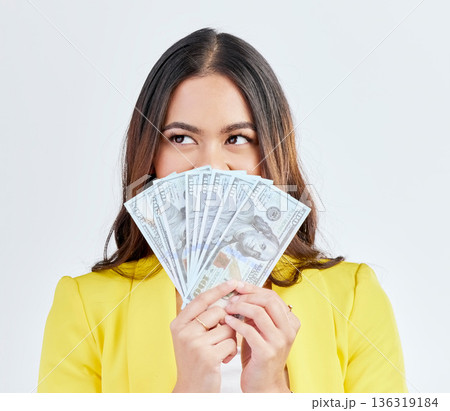 Money, hidden face or professional woman with cash dollar bills, competition award or giveaway. Studio winner, financial economy or female trader with 401k income, profit or rich on white background 136319184