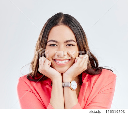 Woman, portrait and happy with confidence with smile or motivation in studio background is cheerful. Happiness, beauty and face with positive mindset or excited, carefree and proud with self love. Woman, portrait and happy with confidence with smile or motivation in studio background is cheerful. Happiness, beauty and face with positive mindset or excited, carefree and proud with self love. 136319208