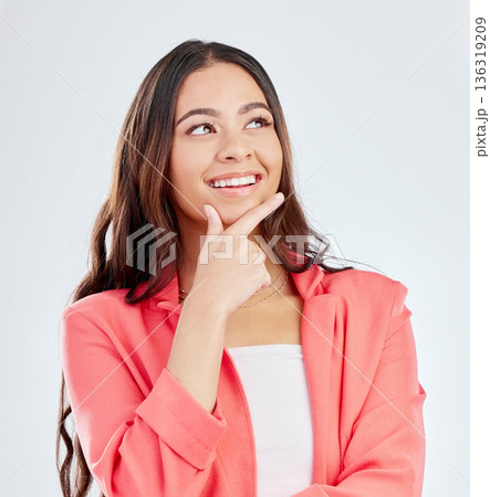 Thinking, face and happy woman planning corporate solution, problem solving inspiration or strategy ideas. Smile, studio and business person brainstorming plan, decision or choice on white background Thinking, face and happy woman planning corporate solution, problem solving inspiration or strategy ideas. Smile, studio and business person brainstorming plan, decision or choice on white background 136319209