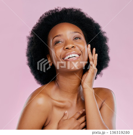 Afro, beauty or black girl with smile thinking of dermatology, salon cosmetics or skincare in studio. Happy, vision or face of African model with hair care or self love isolated on a pink background 136319280