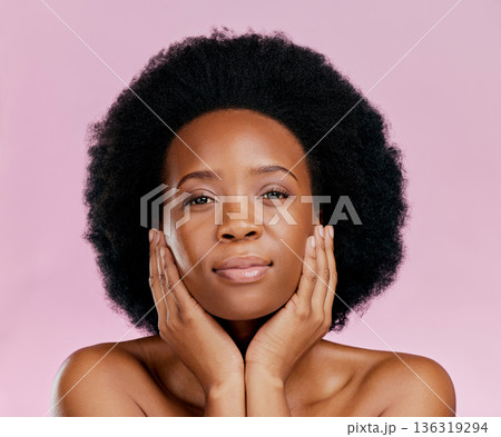 Portrait, luxury and black woman with skincare, dermatology and wellness against a pink studio background. Face, female person and model with cosmetics, natural beauty and aesthetic with self care Portrait, luxury and black woman with skincare, dermatology and wellness against a pink studio background. Face, female person and model with cosmetics, natural beauty and aesthetic with self care 136319294