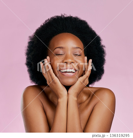Smile, beauty and black woman with skincare, natural and wellness against a pink studio background. Female person, model or girl with happiness, dermatology and cosmetics with joy, grooming or makeup Smile, beauty and black woman with skincare, natural and wellness against a pink studio background. Female person, model or girl with happiness, dermatology and cosmetics with joy, grooming or makeup 136319295
