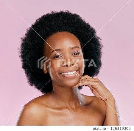 Portrait, smile and black woman with dermatology, skincare or health against a pink studio background. Face, female person or model with treatment, happiness or wellness with makeup or natural beauty Portrait, smile and black woman with dermatology, skincare or health against a pink studio background. Face, female person or model with treatment, happiness or wellness with makeup or natural beauty 136319300