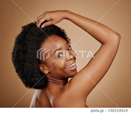 Portrait, beauty and black woman with skincare, makeup and wellness against a brown studio background. Face, female person or model with dermatology, cosmetics and happiness with luxury and aesthetic Portrait, beauty and black woman with skincare, makeup and wellness against a brown studio background. Face, female person or model with dermatology, cosmetics and happiness with luxury and aesthetic 136319324