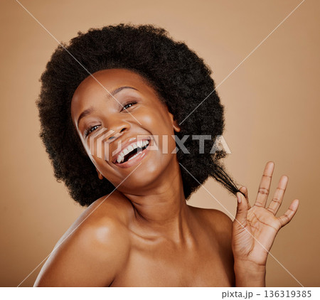 Portrait, smile and black woman pulling hair, growth and wellness against a brown studio background. Face, female person and happy model with beauty, luxury and volume with fun, playful and cosmetics Portrait, smile and black woman pulling hair, growth and wellness against a brown studio background. Face, female person and happy model with beauty, luxury and volume with fun, playful and cosmetics 136319385