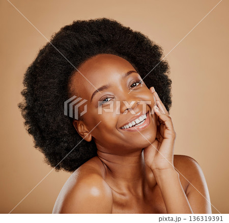 Skincare, beauty and portrait of a woman in studio with self care, natural and wellness face routine. Cosmetic, health and African female model with a facial dermatology treatment by brown background Skincare, beauty and portrait of a woman in studio with self care, natural and wellness face routine. Cosmetic, health and African female model with a facial dermatology treatment by brown background 136319391