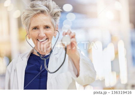Portrait, healthcare and stethoscope with an old woman doctor in the hospital for cardiology or treatment. Medical, heart health and wellness with a senior female medicine professional in a clinic 136319416