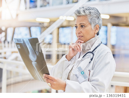 Woman, senior doctor and study xray, thinking and health with orthopedic ideas and solution for surgery. Medicine, radiology and analysis of broken bone, plan and problem solving with female surgeon Woman, senior doctor and study xray, thinking and health with orthopedic ideas and solution for surgery. Medicine, radiology and analysis of broken bone, plan and problem solving with female surgeon 136319431