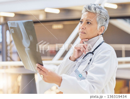 Senior doctor, analysis of xray and think with health, woman orthopedic with ideas and solution for surgery. Medicine, radiology and broken bone, plan and problem solving, female surgeon in clinic Senior doctor, analysis of xray and think with health, woman orthopedic with ideas and solution for surgery. Medicine, radiology and broken bone, plan and problem solving, female surgeon in clinic 136319434