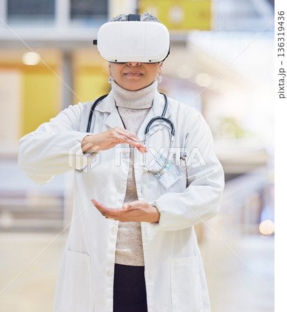 VR, hands and doctor or woman on medical software, metaverse and 3d hospital, futuristic or digital ux experience. AR, presentation and healthcare worker or person, virtual reality glasses or vision 136319436