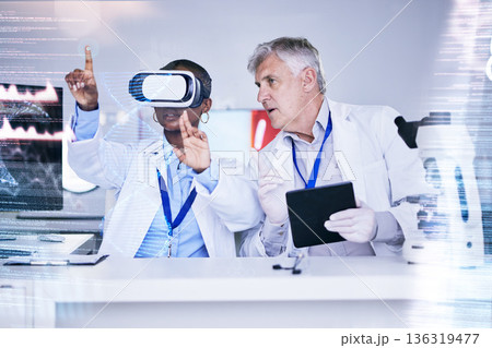 Future, data and scientist team with virtual reality, overlay and digital abstract with tablet, medical research and technology. Science info, test results and VR experience, people in lab and DNA 136319477