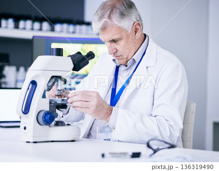 Mature scientist, man and microscope, review and analysis for science study, medical research and biotechnology in lab. Male person, doctor and pathology, check test sample with scientific experiment Mature scientist, man and microscope, review and analysis for science study, medical research and biotechnology in lab. Male person, doctor and pathology, check test sample with scientific experiment 136319490