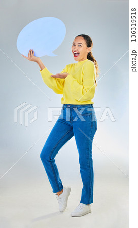 Speech bubble, wow and woman or student presentation, news or announcement of college opportunity. Portrait, information and excited person, university FAQ or communication on studio white background 136319518