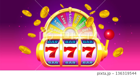 Slot Machine with Lucky Sevens. Casino Gaming Wheel of Fortune with Gold Coins Slot Machine with Lucky Sevens. Casino Gaming Wheel of Fortune with Gold Coins 136319544