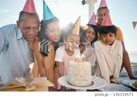 Birthday cake, children and senior family in summer for group celebration, party and grandparents love and care. Happy latino people with kids or girl celebrate on outdoor patio, holiday and candles 136319571