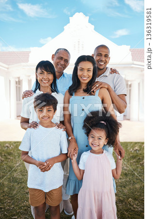 Big family, portrait and smile at new home, outdoor and bonding together. Happy, grandparents and mother, father and children having fun, care and enjoying quality time in backyard with generations. Big family, portrait and smile at new home, outdoor and bonding together. Happy, grandparents and mother, father and children having fun, care and enjoying quality time in backyard with generations. 136319581