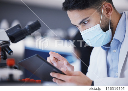Scientist man, tablet and microscope analysis for dna, pharmaceutical company and virus in laboratory. Guy, medical research and digital touchscreen for data, info and pharma study for healthcare Scientist man, tablet and microscope analysis for dna, pharmaceutical company and virus in laboratory. Guy, medical research and digital touchscreen for data, info and pharma study for healthcare 136319595