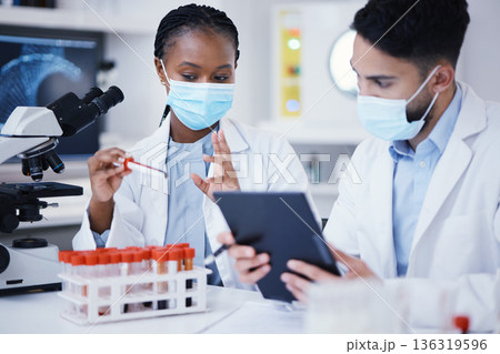 Science, blood test and people on tablet for research analysis, vaccine or healthcare, face mask and laboratory. Medical data, scientist team or woman on digital tech, talking of covid or dna results Science, blood test and people on tablet for research analysis, vaccine or healthcare, face mask and laboratory. Medical data, scientist team or woman on digital tech, talking of covid or dna results 136319596