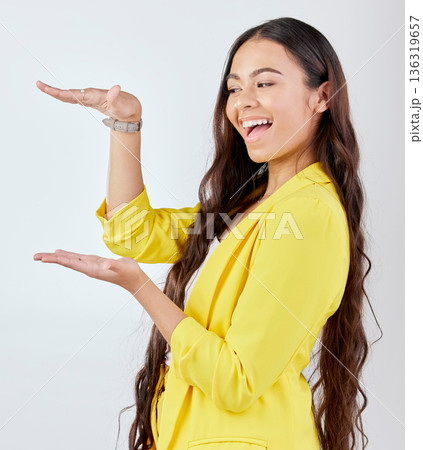Product gesture, business or happy woman excited for corporate presentation, branding notification or announcement. Brand logo design, mockup space or professional person discount on white background 136319657