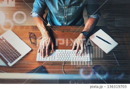 Digital hologram, man typing on keyboard with technology and social network connection for online communication. Data analysis or laptop, programming and top view hand of male person write an email Digital hologram, man typing on keyboard with technology and social network connection for online communication. Data analysis or laptop, programming and top view hand of male person write an email 136319703