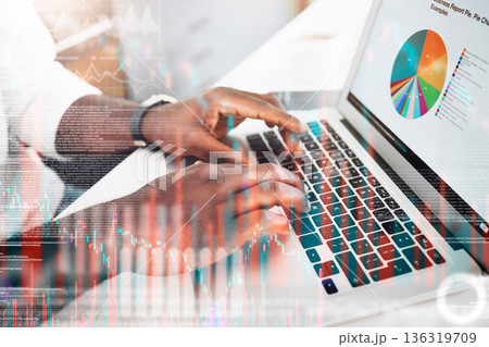 Stats, overlay and hands on a laptop for charts, work data or research results at a desk. Business, digital cgi and a businessman typing on a computer for investment results, data and analytics Stats, overlay and hands on a laptop for charts, work data or research results at a desk. Business, digital cgi and a businessman typing on a computer for investment results, data and analytics 136319709