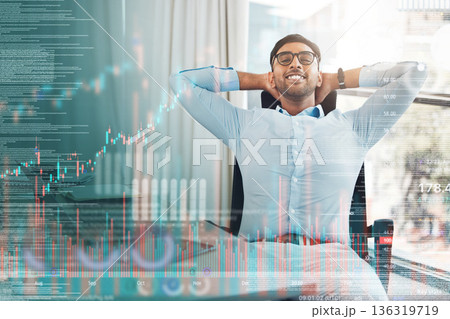 Hologram, relax and man with business, office and stock market with results, stock market and financial charts. Male person, investor and trader with code, programming and holographic with fintech 136319719