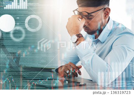Tablet, headache and business man in overlay for data analysis, stock market crash and graphs, charts or finance. Stress, tired or angry professional person on digital tech or trading statistics fail 136319723