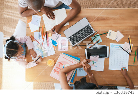 Top view, home and girl with parents, homework and learning with support, care and bonding at desk. Father, mother and daughter with drawing, education and teaching with technology in family house Top view, home and girl with parents, homework and learning with support, care and bonding at desk. Father, mother and daughter with drawing, education and teaching with technology in family house 136319743