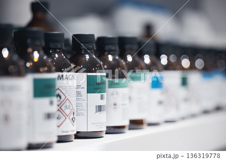 Science, chemical and bottle with pharmaceutical solution, medicine for healthcare study and poison. Medical danger, research and innovation in health care, biotechnology and product investigation. Science, chemical and bottle with pharmaceutical solution, medicine for healthcare study and poison. Medical danger, research and innovation in health care, biotechnology and product investigation. 136319778
