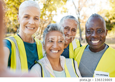 Selfie, volunteering portrait and people in park for cleaning, community service or gardening on social media or blog. Environment, NGO group and senior woman or friends in a profile picture outdoor Selfie, volunteering portrait and people in park for cleaning, community service or gardening on social media or blog. Environment, NGO group and senior woman or friends in a profile picture outdoor 136319869