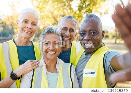 Volunteering portrait, selfie and people outdoor for cleaning, community service or gardening on social media or blog. Environment, NGO group and senior woman or friends in a profile picture in park Volunteering portrait, selfie and people outdoor for cleaning, community service or gardening on social media or blog. Environment, NGO group and senior woman or friends in a profile picture in park 136319870
