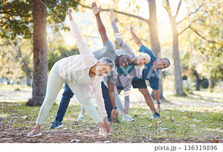 Yoga, park and old people stretching, fitness and exercise with happiness, wellness and stress relief. Senior women, nature and elderly men outdoor, relax and workout goal with progress and health Yoga, park and old people stretching, fitness and exercise with happiness, wellness and stress relief. Senior women, nature and elderly men outdoor, relax and workout goal with progress and health 136319896