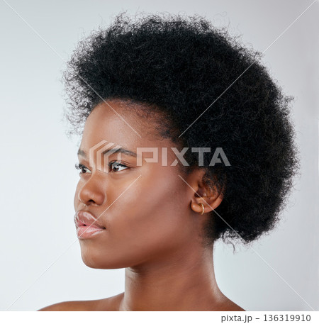 Beauty, black woman and natural hair in studio for cosmetic, treatment and routine on white background. Haircare, face and African model with healthy glow, styling and curly, fresh or confidence Beauty, black woman and natural hair in studio for cosmetic, treatment and routine on white background. Haircare, face and African model with healthy glow, styling and curly, fresh or confidence 136319910