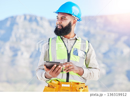 Black man, architect and thinking with tablet in city for construction planning, vision or rooftop installation. African male person, engineer or contractor with technology in wonder for architecture 136319912