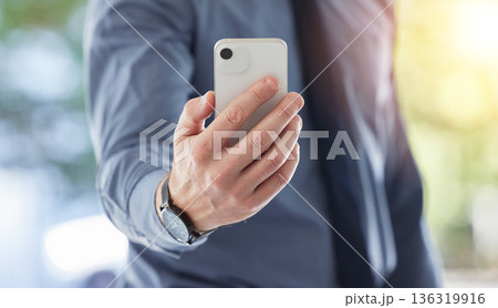 Business man, hands and search phone with social network, mobile website and internet contact. Closeup, entrepreneur and worker with smartphone, reading corporate news app and typing information Business man, hands and search phone with social network, mobile website and internet contact. Closeup, entrepreneur and worker with smartphone, reading corporate news app and typing information 136319916